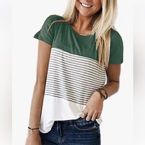 YunJey Round Neck Triple Color Block Stripe T-Shirt Sz M